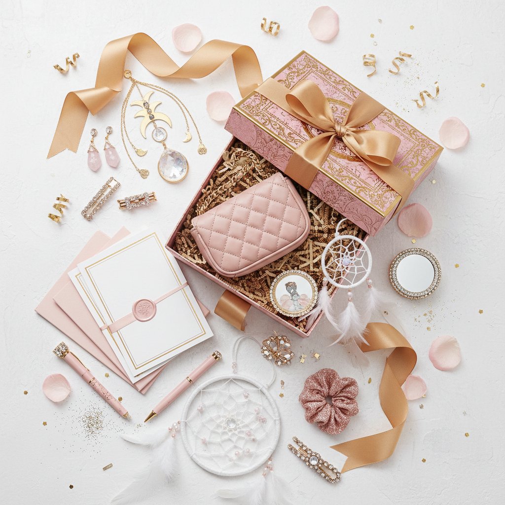 A pink and gold mystery boutique scoop box overflowing with girly treasures