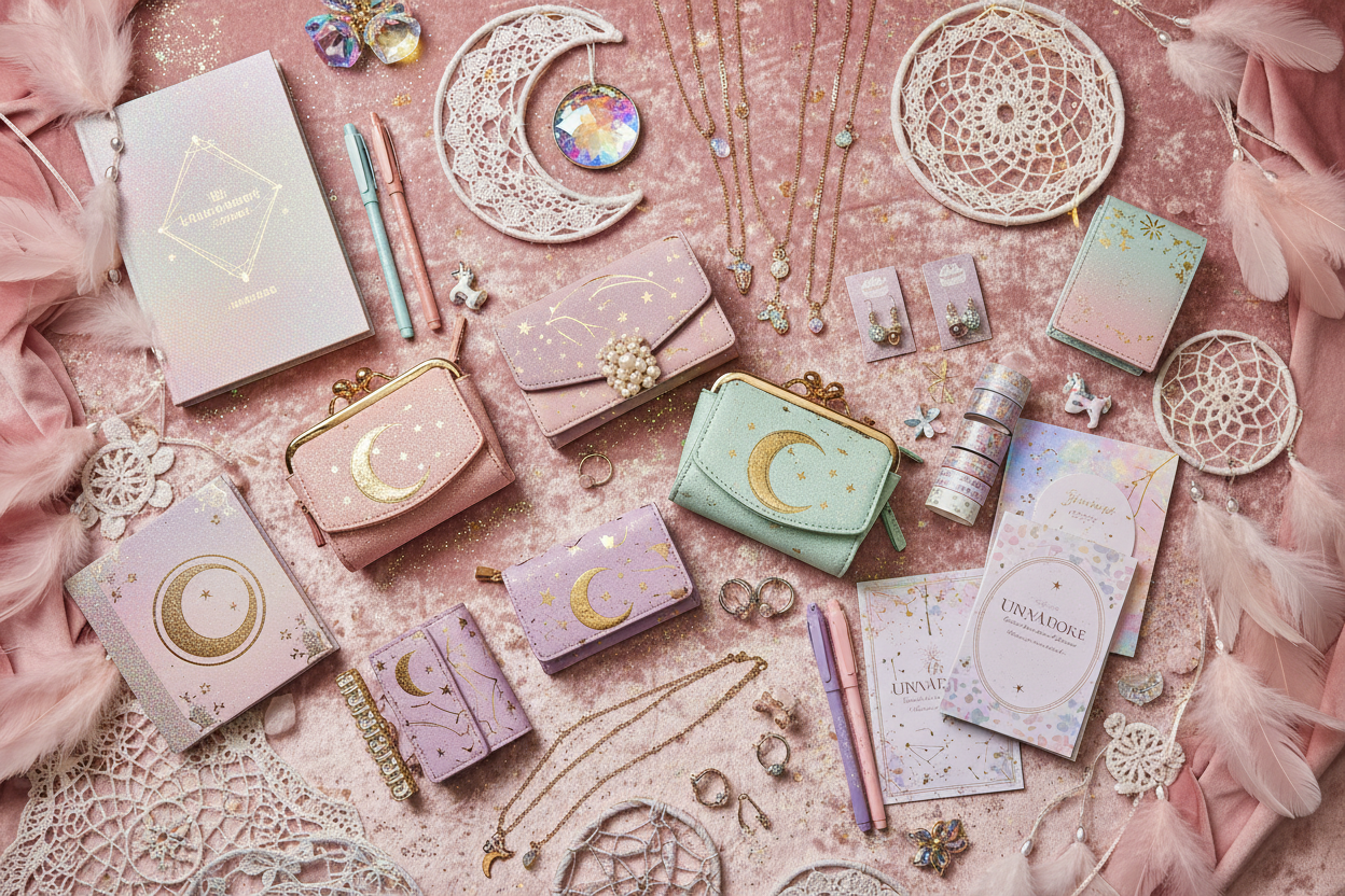 Mystery boutique scoop flat lay with purses, jewellery, sun catchers and girly boutique items