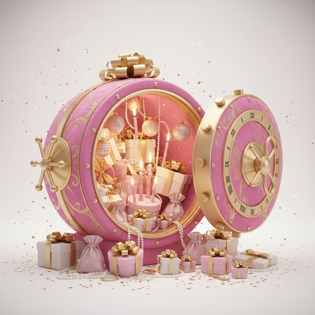 Pink and gold mystery vault gift box overflowing with birthday and Christmas surprises and boutique goodies
