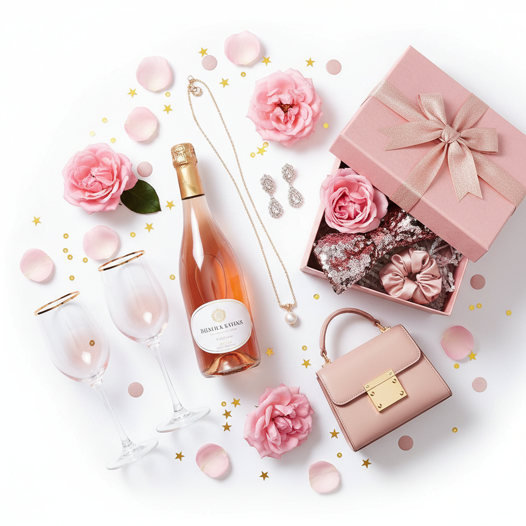 Glamorous girls night in flat lay with rosé wine, pink roses, gold accents and mystery boutique gift box