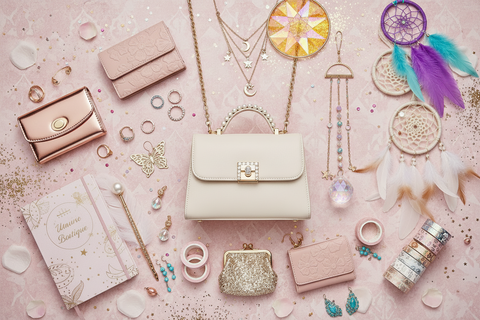 Mystery boutique scoop flat lay with handbag, vibrant dream catchers, jewellery and girly boutique items on pink background