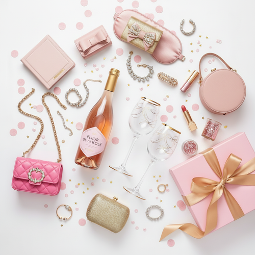 Glamorous girls night in flat lay with rosé wine, bow clutch bags, rhinestone accessories and pink boutique gift box
